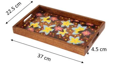 Wood Curls Handmade Mango Wood Tray with Floral Print| DIY Wooden Flower Tray for Home, Office|Hand Painted Wooden Tray