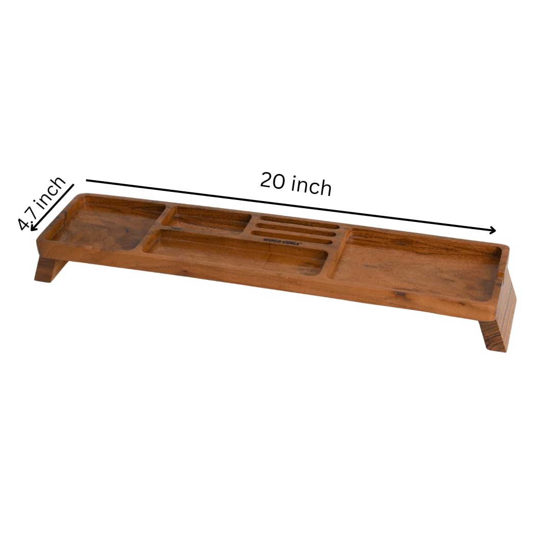 Wood Curls Desk OrganiserTable Organiser for Home and Office, Natural Finish, Multi-Compartment Storage, Acacia wood (51L x 12W x 6.5H cm)