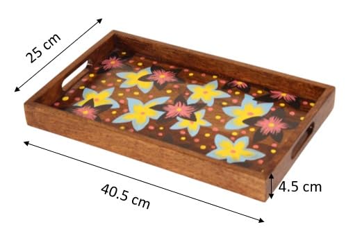 Wood Curls Handmade Mango Wood Tray with Floral Print| DIY Wooden Flower Tray for Home, Office|Hand Painted Wooden Tray