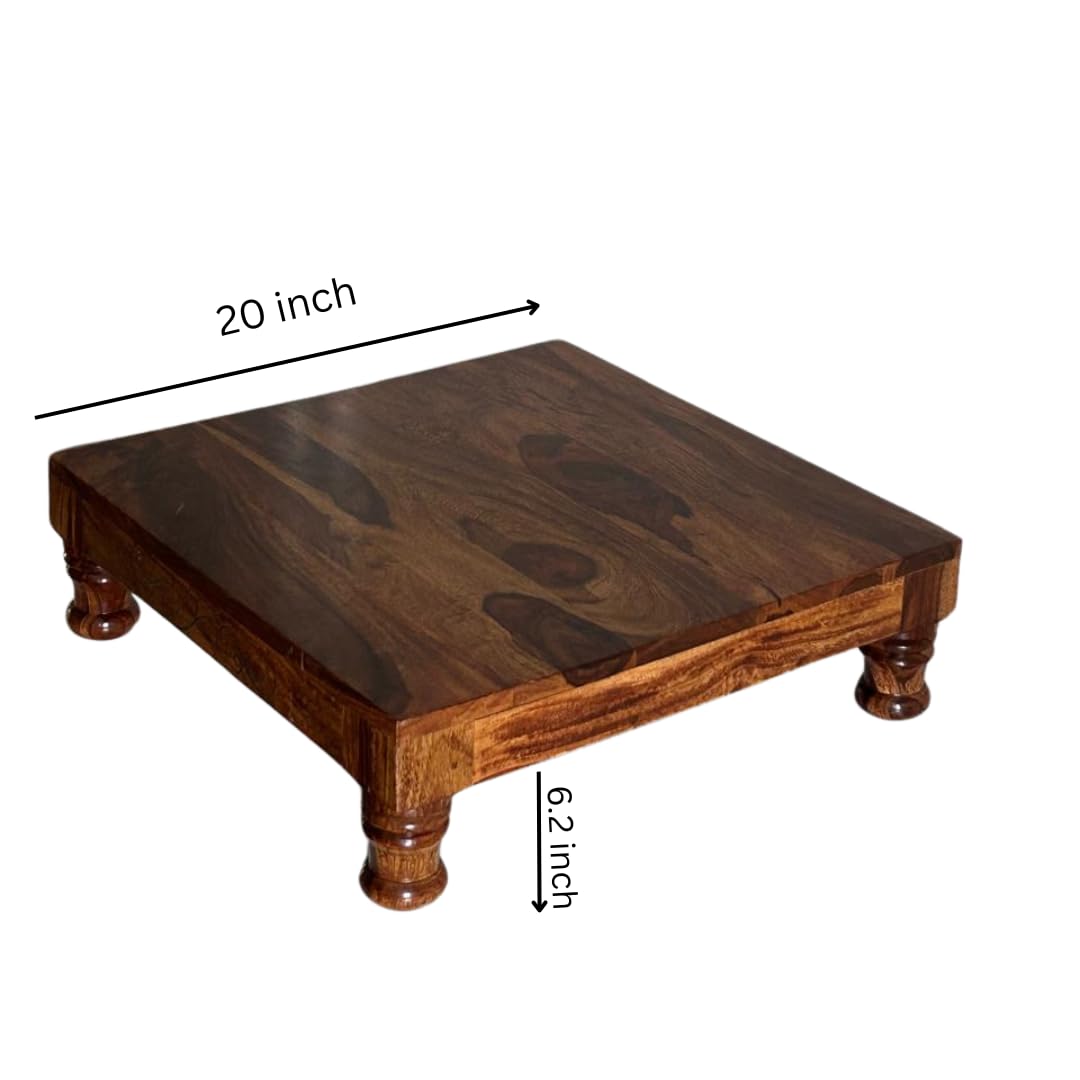 Wood Curls Wooden Puja Chowki with Carved Legs, Traditional Prayer Table, Dark Brown,Sheesham Wood,Puja Table for Home (20 inch x 20 inch x 6.2 inch)