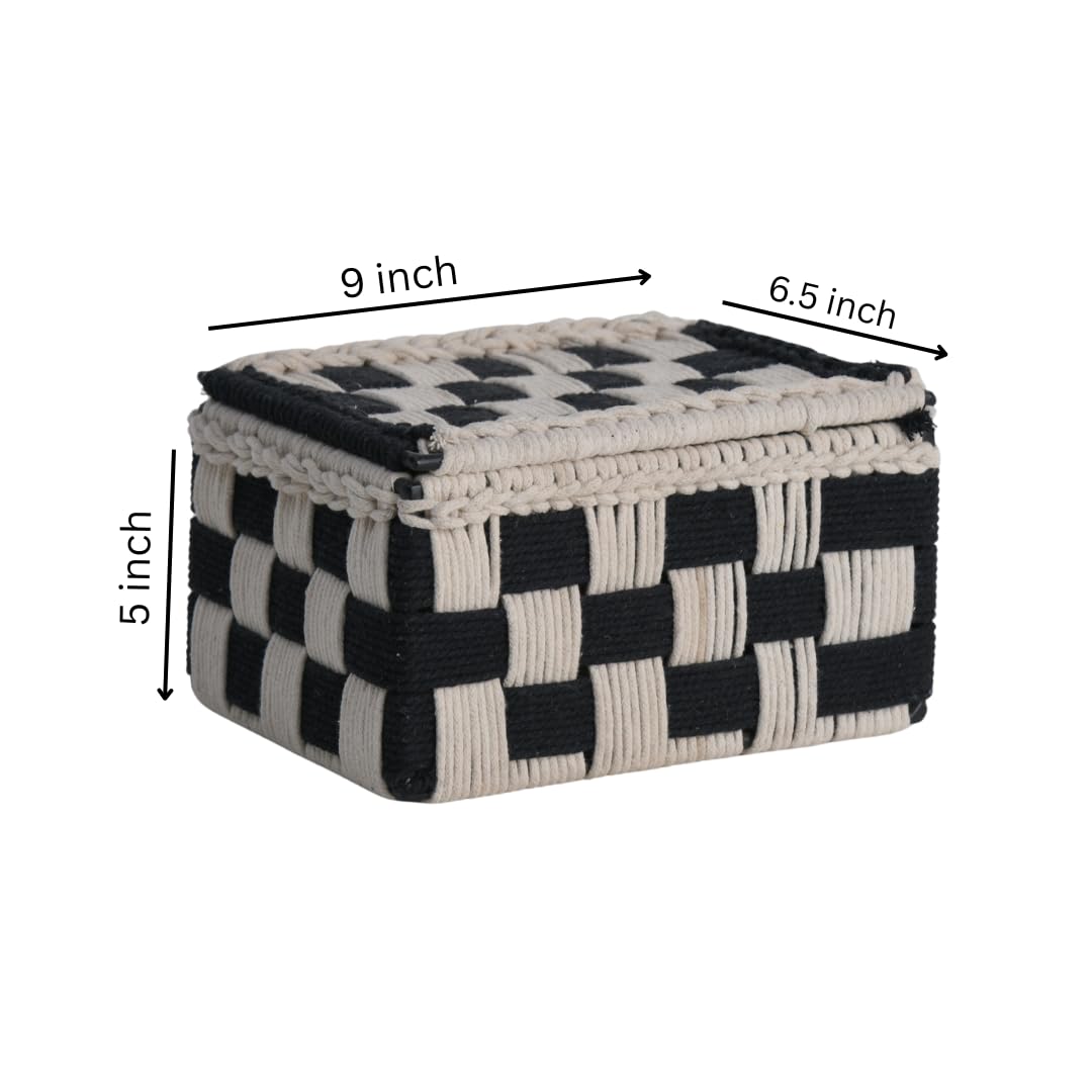 Wood Curls Handwoven Cotton Rope Storage Box – Black & Beige Checkered Organizer with Lid for Tea Bags, Jewelry, Trinkets, Desk & Vanity, Decorative Organiser,23cm(L) x16.5cm(W) x12.7cm(H)