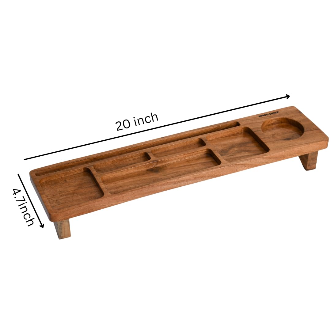 Wood Curls Wooden Desk Organiser,Table Organiser for Home & Office, Storage Tray with Compartments (20 inch(L) x 4.7inch(W) x 2.7inch(H)