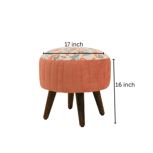 floral upholstered ottoman stool
pouffe stool with mango wood legs
decorative footrest seating furniture
floral accent stool living room