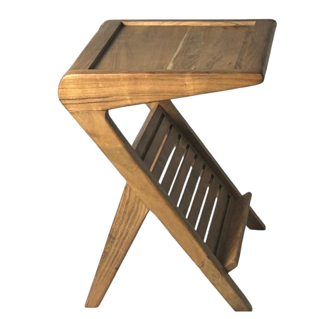 Wood Curls Magnoir Z-Shaped Solidwood End Table,Bedside Table,Coffee Table,Table for Living Room,Bedroom,Bohemian Style,Sofa Side Table with Rack,Natural Wood Finish,End Table for Small Spaces