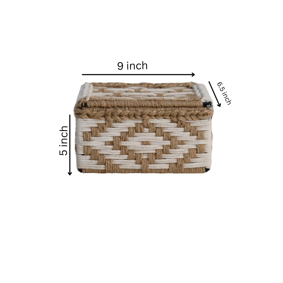 Wood Curls Handwoven Cotton Rope Storage Box – Natural Brown and White Organizer with Lid for Tea Bags, Jewelry, Trinkets, Desk & Vanity, Decorative Organiser,23cm(L) x16.5cm(W) x12.7cm(H)