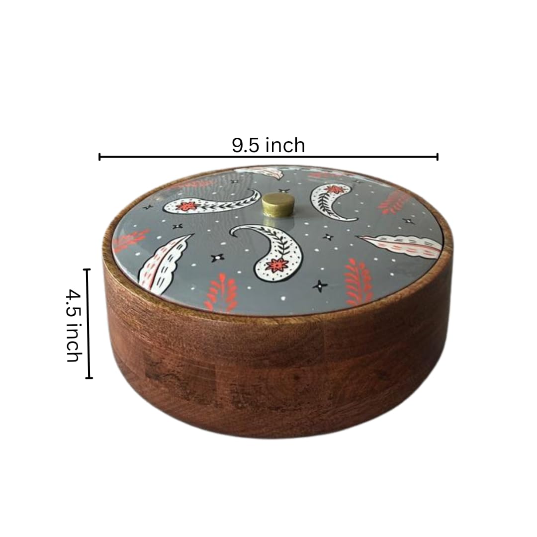 Wood Curls Handcrafted Wooden Multipurpose Storage Box with Hand-Painted Lid – Round Roti, Snack & Dry Fruit Container (24 cm Diameter, 11.5 cm Height)