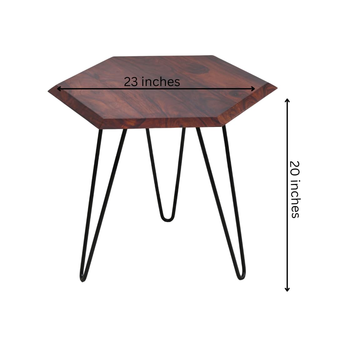 Wood Curls Axis Sheesham Wood End |End Table for Living Room,Bedroom,Office|Space Saving End Table|Table with Metal Legs|Center Table for Office & Home|Hexagon Shape|Walnut Finish