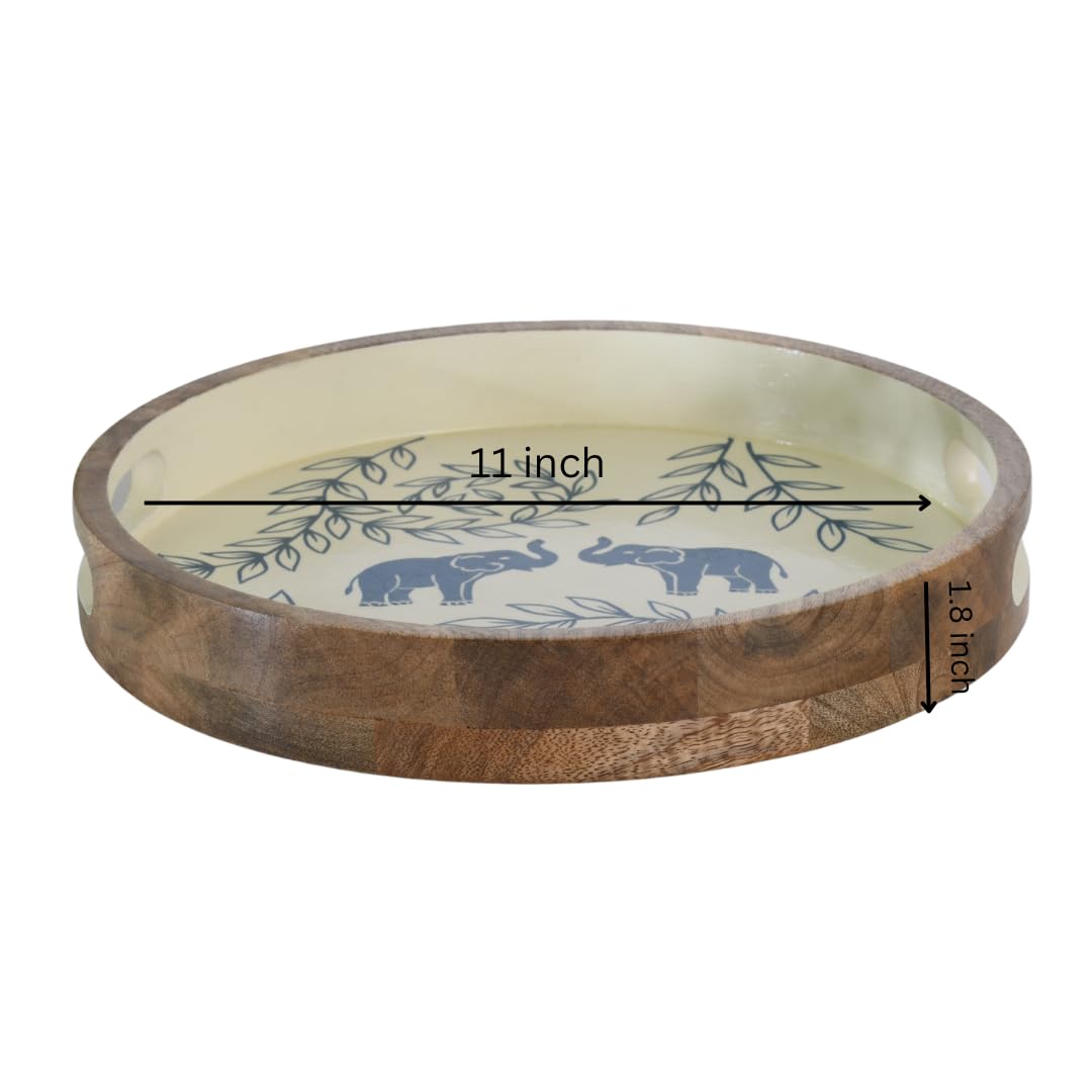 Wood Curls Handcrafted Wooden Round Serving Tray with Elephant & Leaf Motif – Hand-Painted Decorative Tray with Cutout Handles for Snacks, Beverages & Décor(11 inches Diameter x 1.8 inches Height)