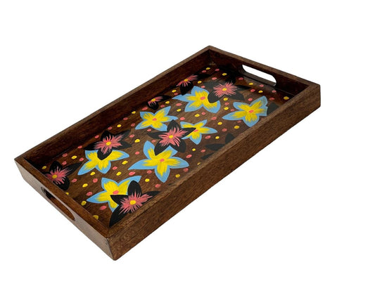 Wood Curls Handmade Mango Wood Tray with Floral Print| DIY Wooden Flower Tray for Home, Office|Hand Painted Wooden Tray