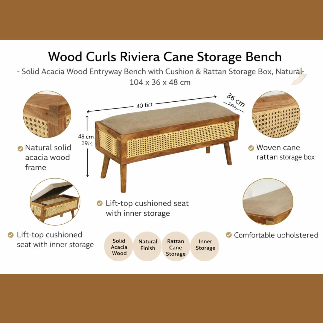 Riviera Cane Storage Bench with Cushion – Solid Acacia Wood Entryway Bench with Hidden Storage