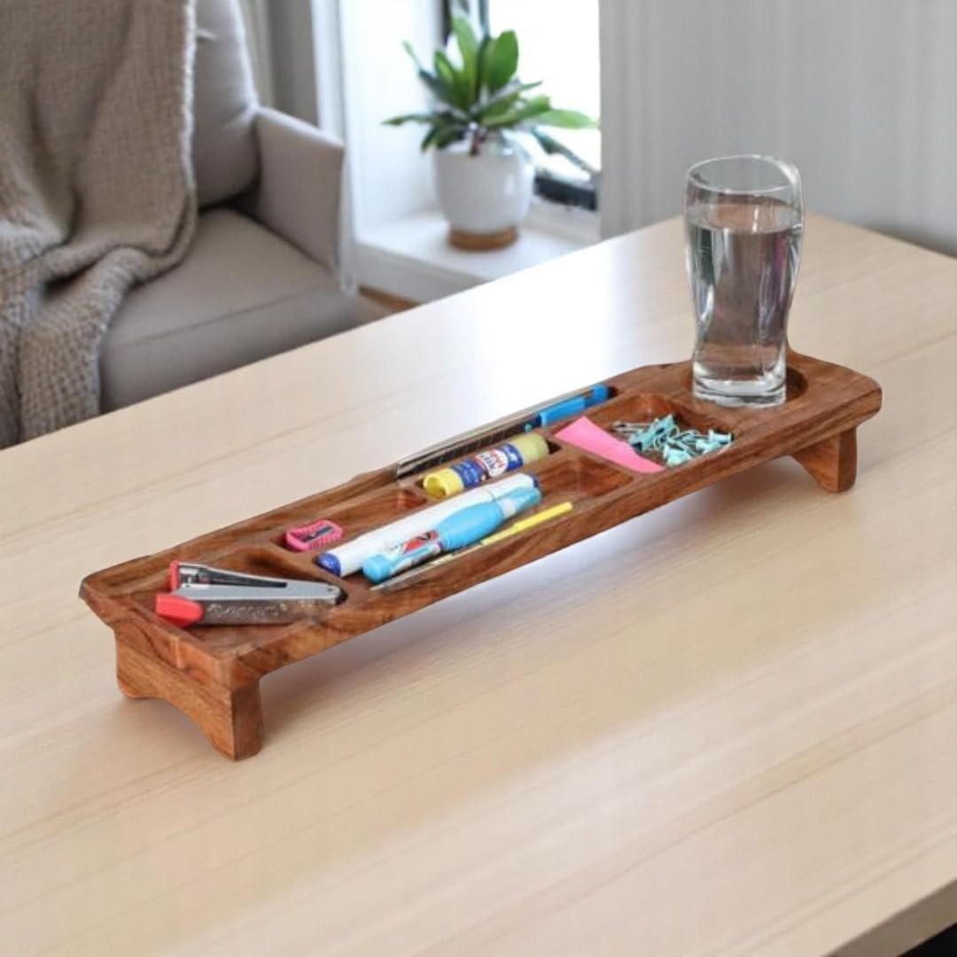 Wood Curls Wooden Desk Organiser,Table Organiser for Home & Office, Storage Tray with Compartments (20 inch(L) x 4.7inch(W) x 2.7inch(H)
