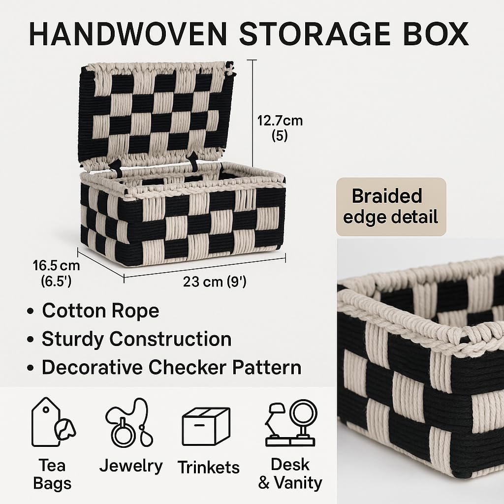 Wood Curls Handwoven Cotton Rope Storage Box – Black & Beige Checkered Organizer with Lid for Tea Bags, Jewelry, Trinkets, Desk & Vanity, Decorative Organiser,23cm(L) x16.5cm(W) x12.7cm(H)
