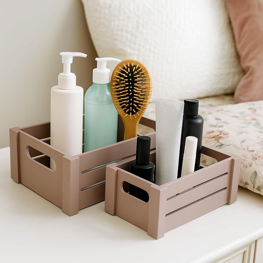 Wood Curls Wooden Nesting Storage Crates with Handles (Set of 2) – Stylish Organizer Baskets for Toiletries, Pantry & Home Décor(Medium (14x11x6 inch) & Small (12x8x5.5 inch)