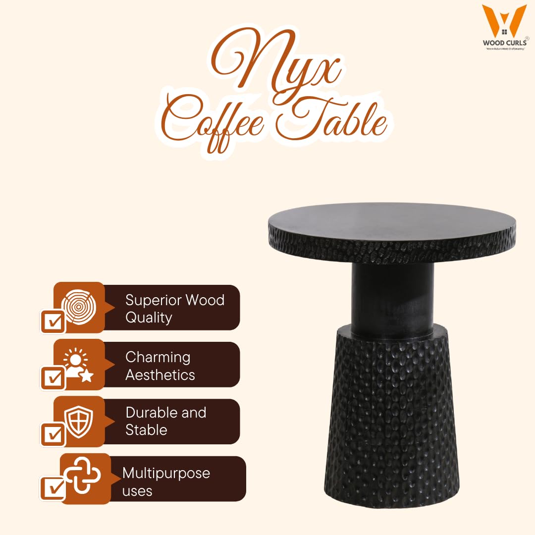 Wood Curls Nyx Wooden Coffee Table for Living Room|Side Table for Office,Home,Bedroom|Round Coffee Table|Black|Mango Wood(17 inches Diameter x 20 inches Height)