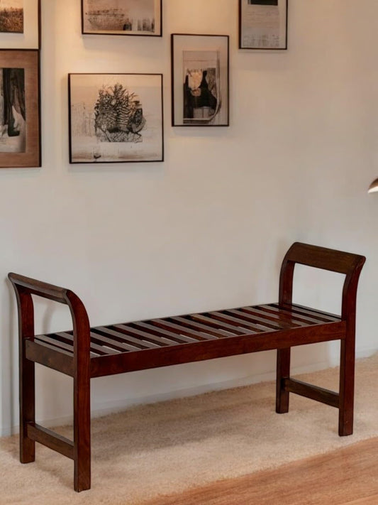 wooden bench with arms solid wood
entryway wooden bench with armrest
slatted wooden bench seating
wooden hallway bench India