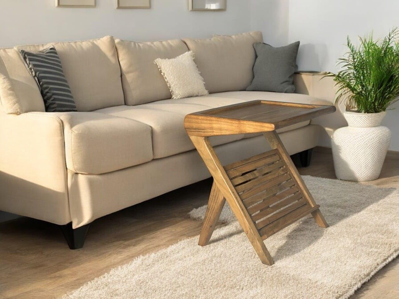 Wood Curls Magnoir Z-Shaped Solidwood End Table,Bedside Table,Coffee Table,Table for Living Room,Bedroom,Bohemian Style,Sofa Side Table with Rack,Natural Wood Finish,End Table for Small Spaces