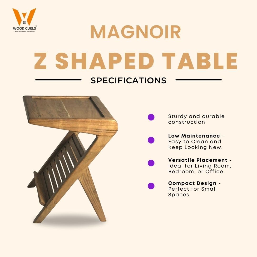 Wood Curls Magnoir Z-Shaped Solidwood End Table,Bedside Table,Coffee Table,Table for Living Room,Bedroom,Bohemian Style,Sofa Side Table with Rack,Natural Wood Finish,End Table for Small Spaces