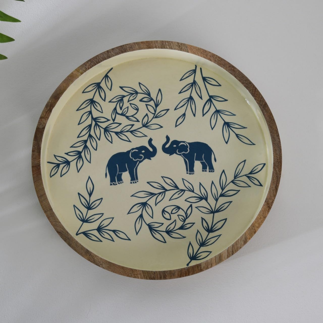 Wood Curls Handcrafted Wooden Round Serving Tray with Elephant & Leaf Motif – Hand-Painted Decorative Tray with Cutout Handles for Snacks, Beverages & Décor(11 inches Diameter x 1.8 inches Height)
