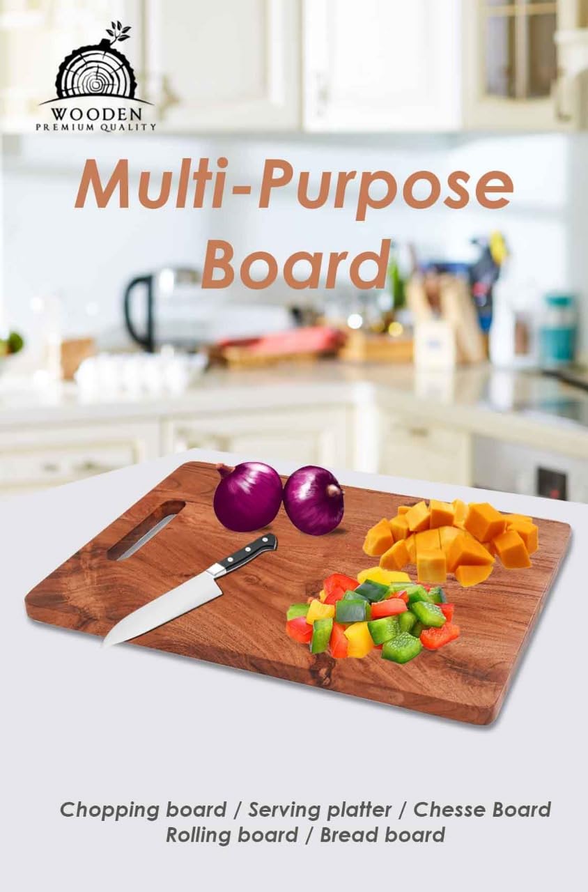 Wood Curls Willowood Acacia Wood Chopping Board | Anti-Bacterial | Seasoned with Food Grade Mineral Oils | Natural Wood Finish | Size: 24.13X34.29X1.5 Centimetres