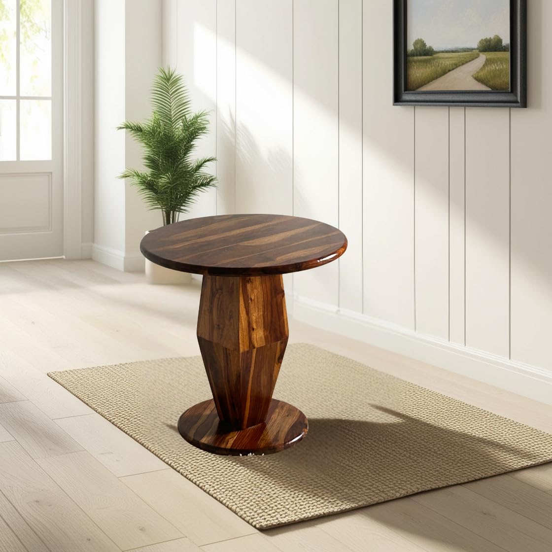 Wood Curls Armonia Sheesham Wood Coffee Table for Home,Office,End Table for Bedroom,Living Room Pedestal Base Side Table, Geometric Design,Natural Wood Finish(24 inch Diameter x 24 inch Height)