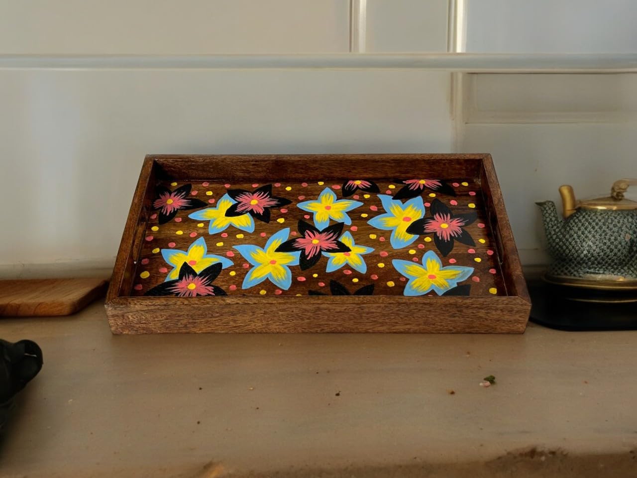 Wood Curls Handmade Mango Wood Tray with Floral Print| DIY Wooden Flower Tray for Home, Office|Hand Painted Wooden Tray