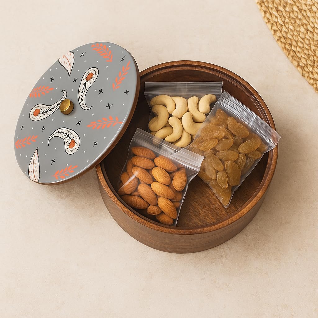 Wood Curls Handcrafted Wooden Multipurpose Storage Box with Hand-Painted Lid – Round Roti, Snack & Dry Fruit Container (24 cm Diameter, 11.5 cm Height)