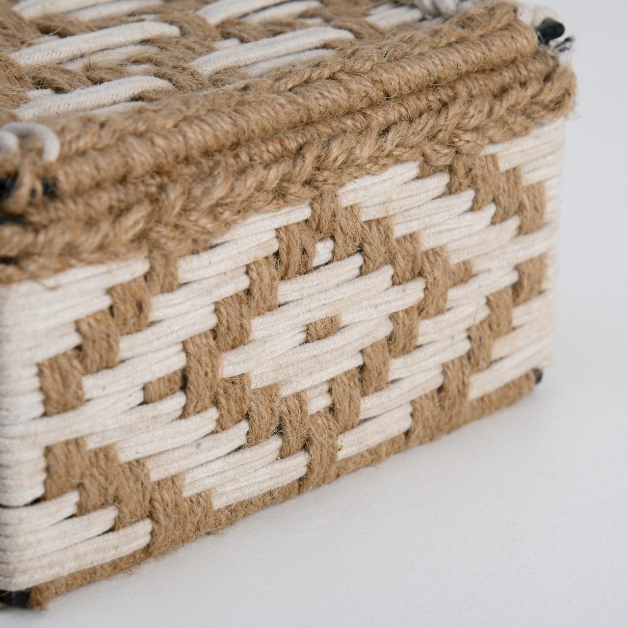 Wood Curls Handwoven Cotton Rope Storage Box – Natural Brown and White Organizer with Lid for Tea Bags, Jewelry, Trinkets, Desk & Vanity, Decorative Organiser,23cm(L) x16.5cm(W) x12.7cm(H)