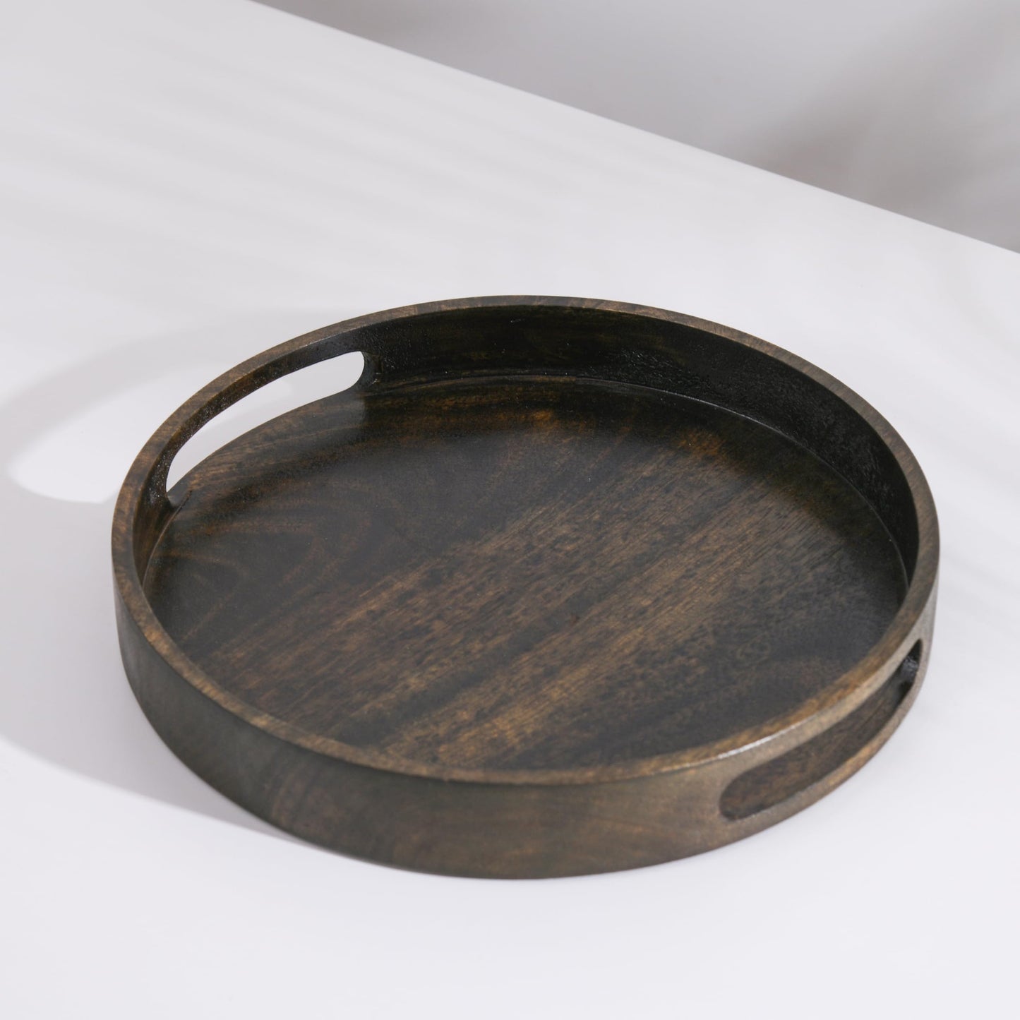 Wood Curls Aret Round Wooden Serving Tray with Handles | Multipurpose Mango Wood Tray | Walnut Finish | Elegant Tray for Kitchen | Dining | Tea | Coffee & Home Décor |