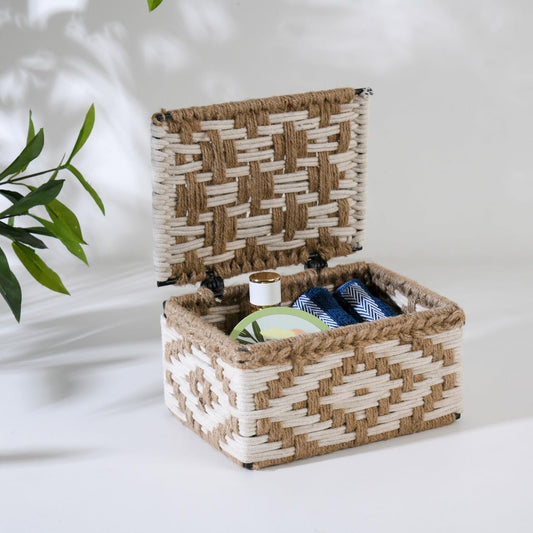 Wood Curls Handwoven Cotton Rope Storage Box – Natural Brown and White Organizer with Lid for Tea Bags, Jewelry, Trinkets, Desk & Vanity, Decorative Organiser,23cm(L) x16.5cm(W) x12.7cm(H)