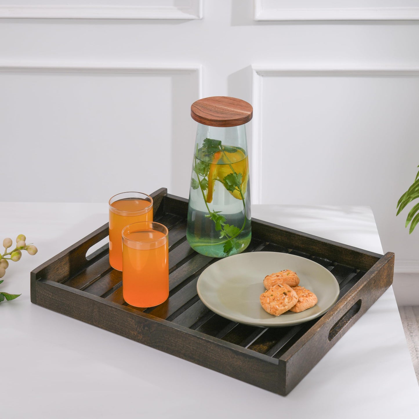 Wood Curls Handcrafted Wooden Serving Tray|Snacks and Tea Serving Tray|Rectangular Shape|Tray for Home Decor|Mango Wood|Serving Tray for Home,Kitchen,Cafe (Large) 41cm(L) x 33cm(W) x 5cm(T)