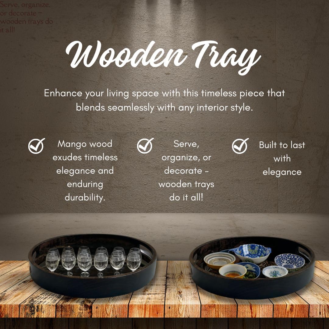 Wood Curls Aret Round Wooden Serving Tray with Handles | Multipurpose Mango Wood Tray | Walnut Finish | Elegant Tray for Kitchen | Dining | Tea | Coffee & Home Décor |