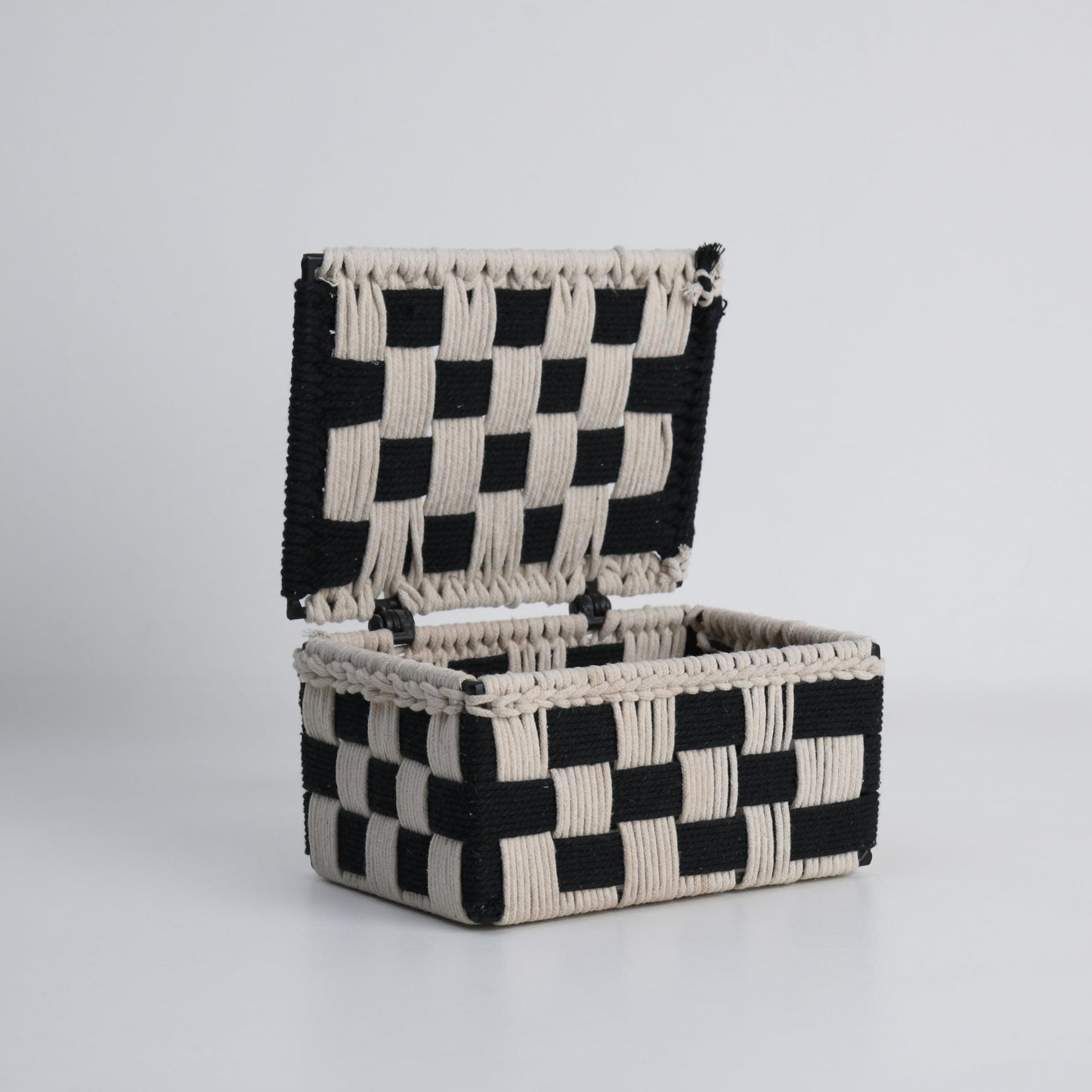 Wood Curls Handwoven Cotton Rope Storage Box – Black & Beige Checkered Organizer with Lid for Tea Bags, Jewelry, Trinkets, Desk & Vanity, Decorative Organiser,23cm(L) x16.5cm(W) x12.7cm(H)
