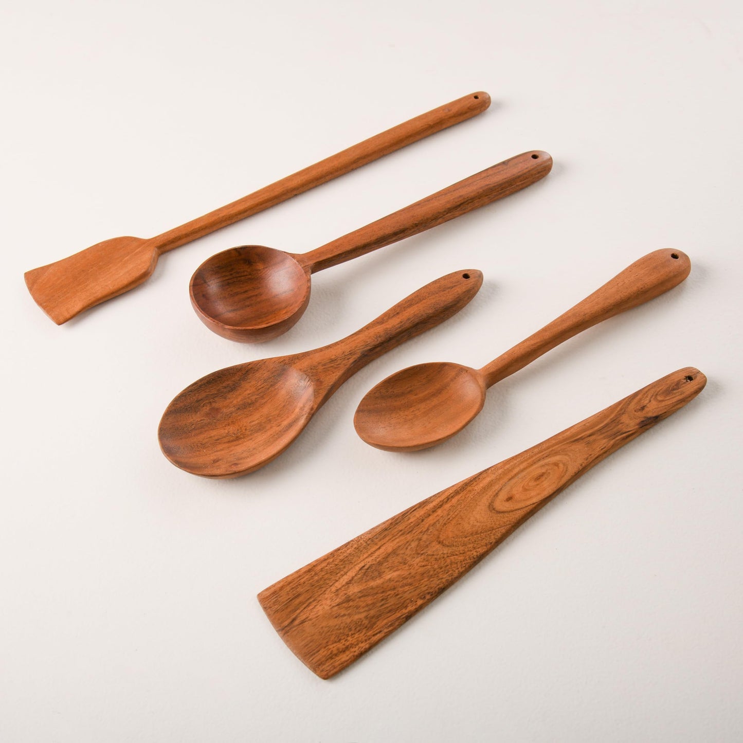 Wood Curls Wooden Kitchen Utensil Set,Compact Flip/Spatula/Ladle for Cooking Dosa/Roti/Chapati/ 5 Piece Kitchen Tools, Natural Wood, No Harmful Polish,Non-Stick,Cooking Spoons(Set of 5)