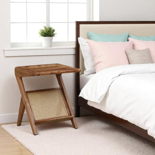 Wood Curls Magnoir Z-Shaped Solid Wood End Table – Bohemian Style Bedside Table, Coffee Table & Sofa Side Table with Storage Rack | Natural Wood Finish for Living Room & Bedroom