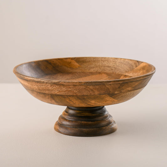 Wood Curls Handcrafted Wooden Pedestal Bowl for Kitchen Counter,Decorative Bowl for Center Table,Bowl for Salad,Fruits,Mango Wood, Natural Finish(25.5cm Diameter x 11.5cm Height)