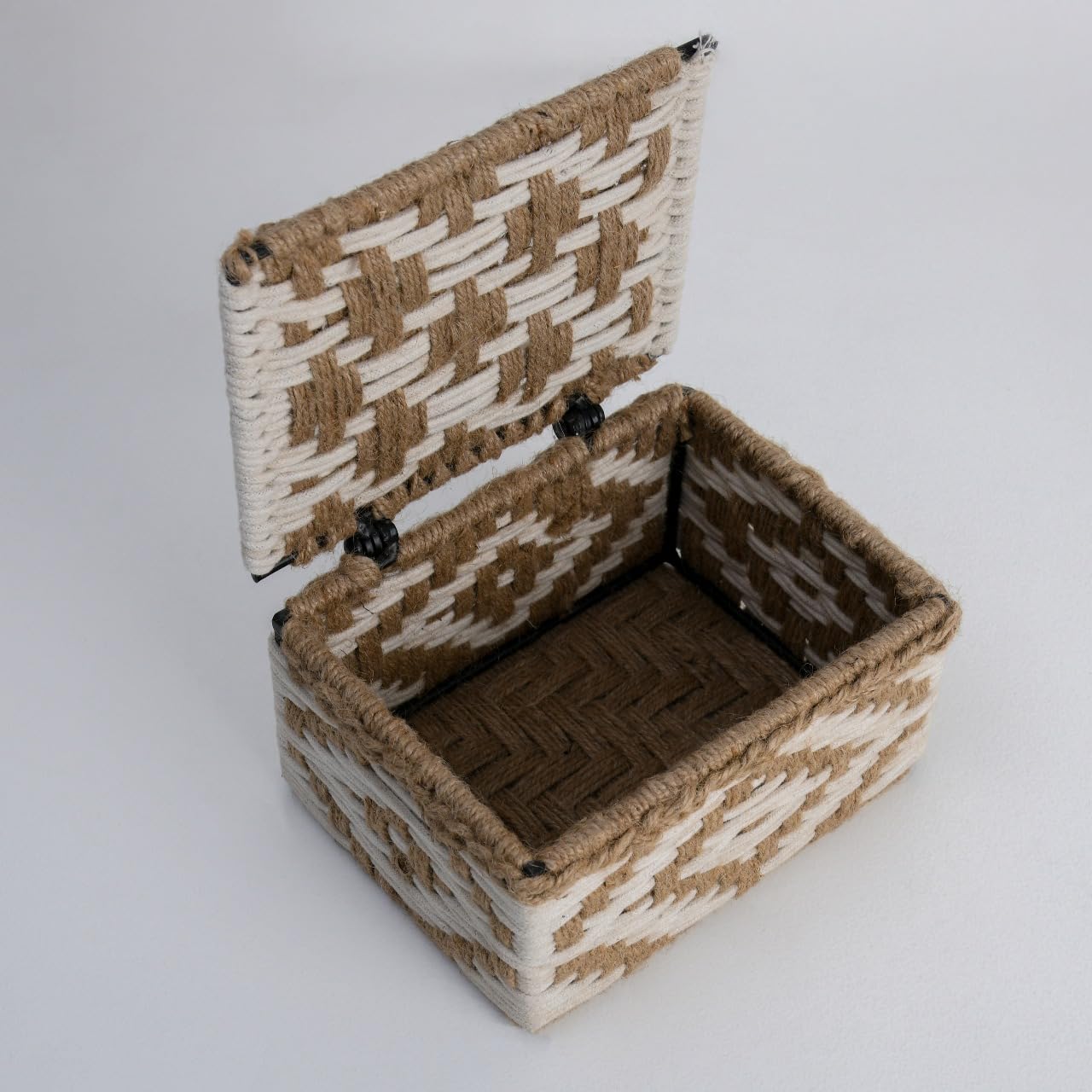 Wood Curls Handwoven Cotton Rope Storage Box – Natural Brown and White Organizer with Lid for Tea Bags, Jewelry, Trinkets, Desk & Vanity, Decorative Organiser,23cm(L) x16.5cm(W) x12.7cm(H)