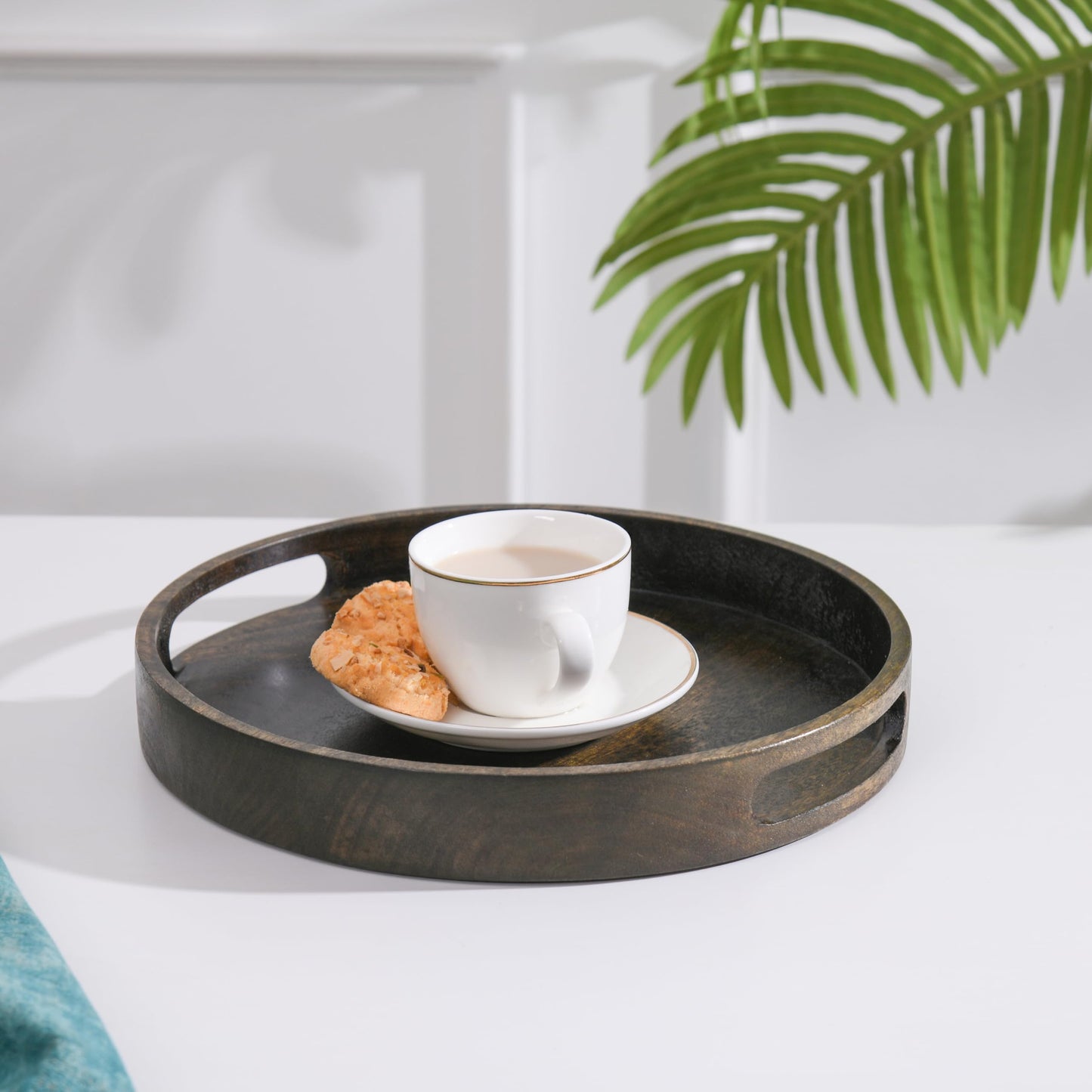 Wood Curls Aret Round Wooden Serving Tray with Handles | Multipurpose Mango Wood Tray | Walnut Finish | Elegant Tray for Kitchen | Dining | Tea | Coffee & Home Décor |