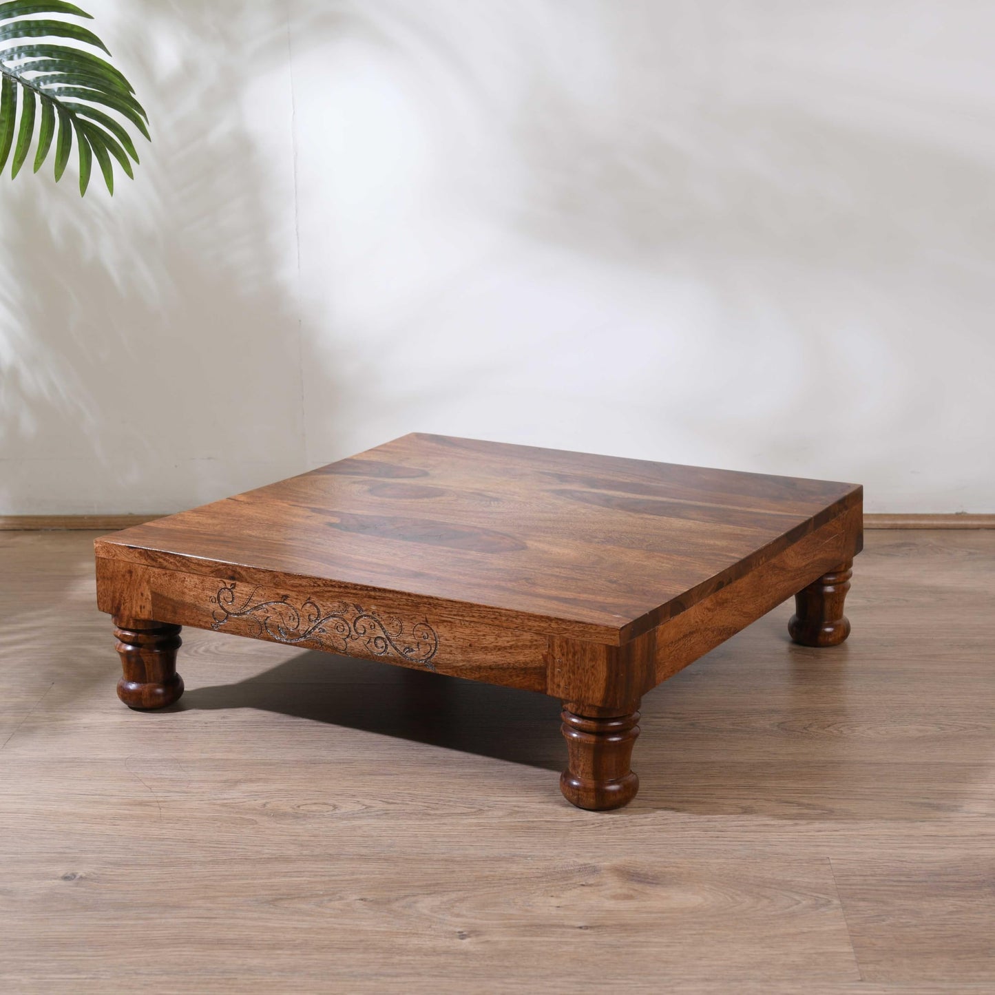 Wood Curls Wooden Puja Chowki with Carved Legs, Traditional Prayer Table, Dark Brown,Sheesham Wood,Puja Table for Home (20 inch x 20 inch x 6.2 inch)