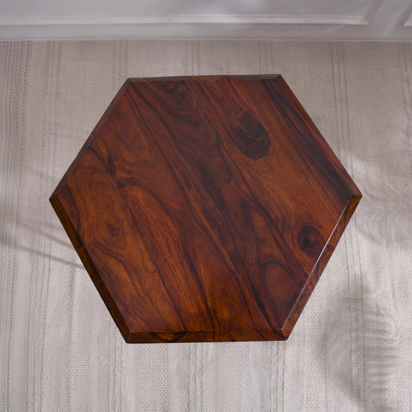 Wood Curls Axis Sheesham Wood End |End Table for Living Room,Bedroom,Office|Space Saving End Table|Table with Metal Legs|Center Table for Office & Home|Hexagon Shape|Walnut Finish