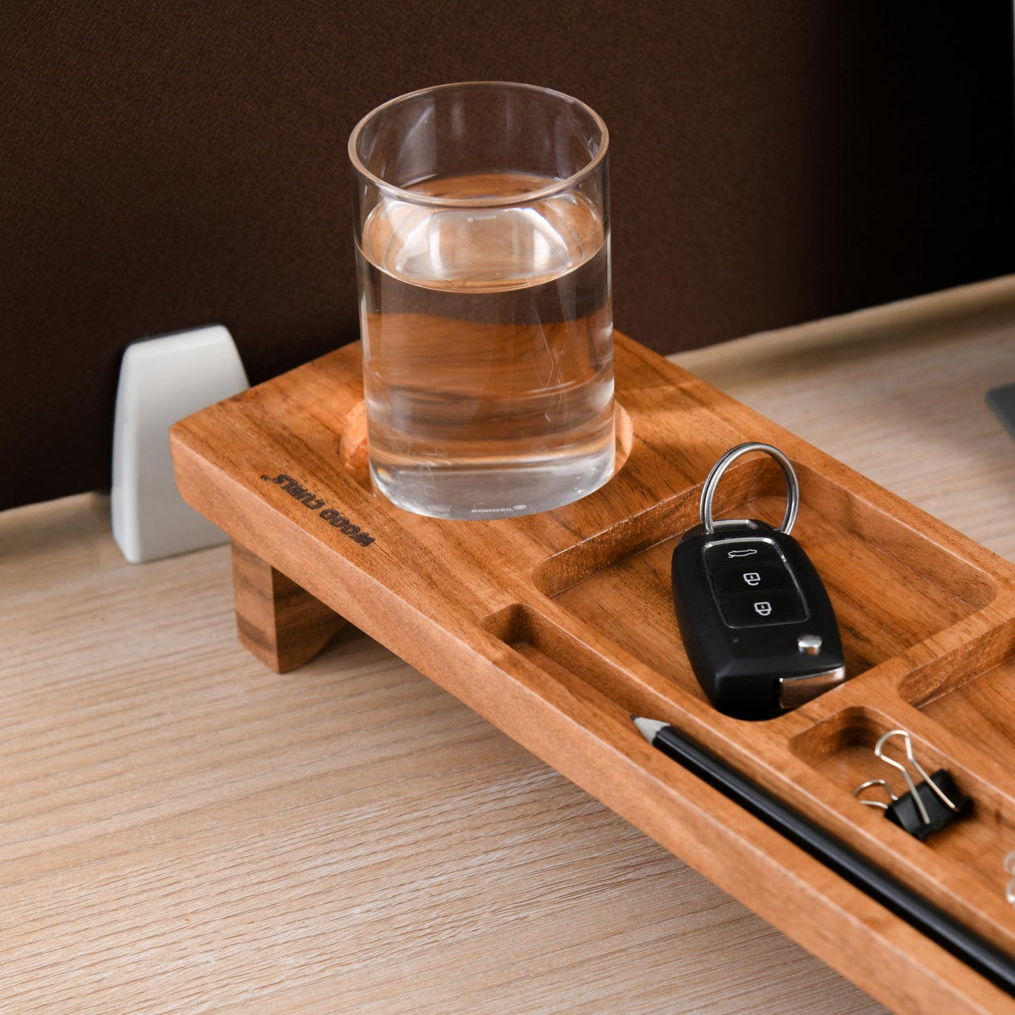 Wood Curls Wooden Desk Organiser,Table Organiser for Home & Office, Storage Tray with Compartments (20 inch(L) x 4.7inch(W) x 2.7inch(H)