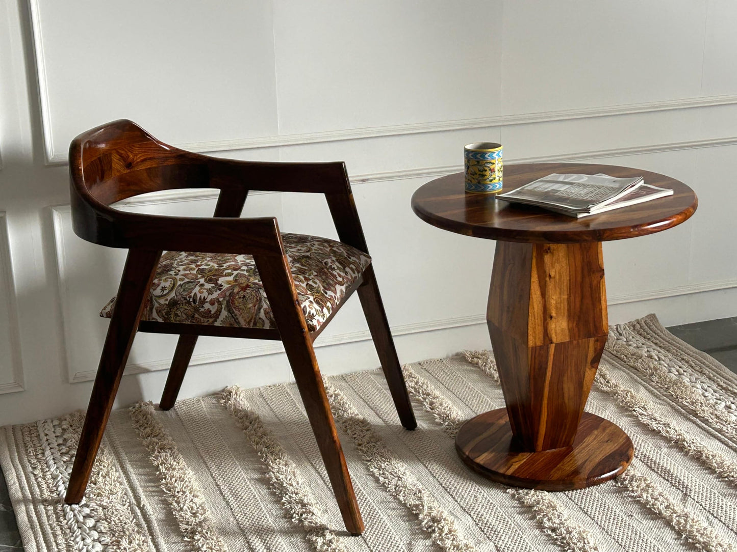 Wood Curls Armonia Sheesham Wood Coffee Table for Home,Office,End Table for Bedroom,Living Room Pedestal Base Side Table, Geometric Design,Natural Wood Finish(24 inch Diameter x 24 inch Height)