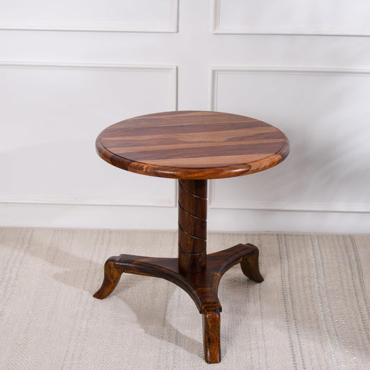 Wood Curls Zenith Solid Wood Round End Table for Living Room,Bedroom,Office|Bedside Table|End Table for Office| Coffee Table| Natural Wood Finish| Space Saving Table|Size(48 cm(D) x 49 cm(H)