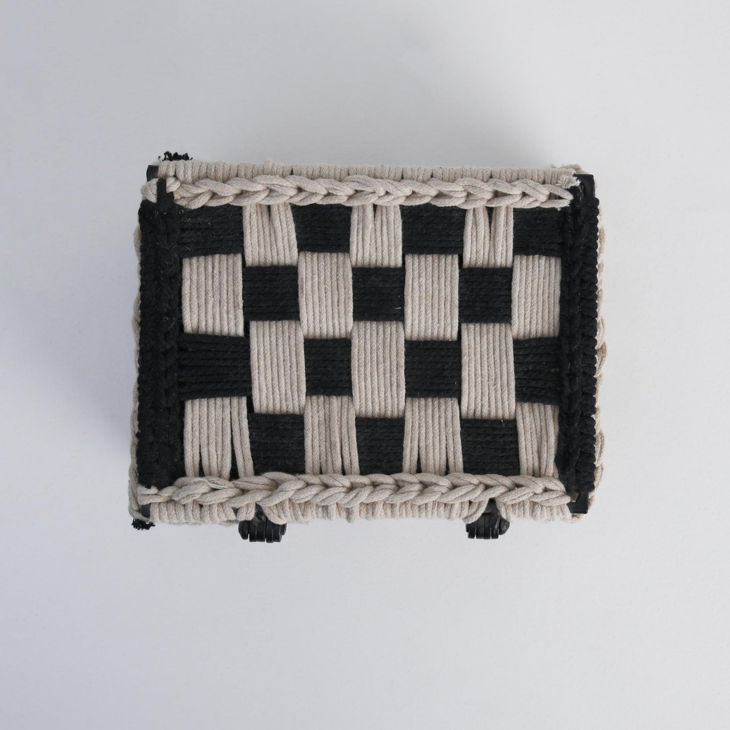 Wood Curls Handwoven Cotton Rope Storage Box – Black & Beige Checkered Organizer with Lid for Tea Bags, Jewelry, Trinkets, Desk & Vanity, Decorative Organiser,23cm(L) x16.5cm(W) x12.7cm(H)