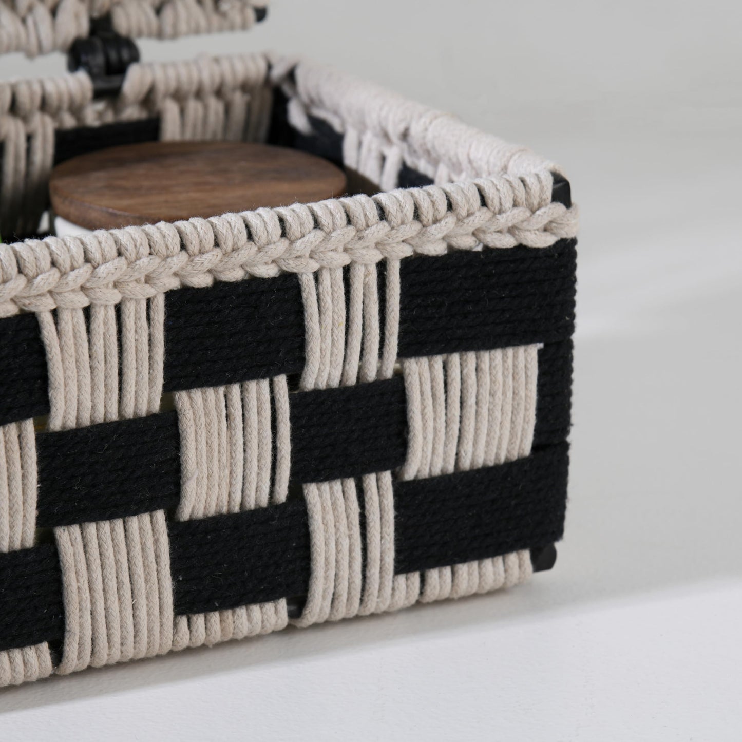 Wood Curls Handwoven Cotton Rope Storage Box – Black & Beige Checkered Organizer with Lid for Tea Bags, Jewelry, Trinkets, Desk & Vanity, Decorative Organiser,23cm(L) x16.5cm(W) x12.7cm(H)
