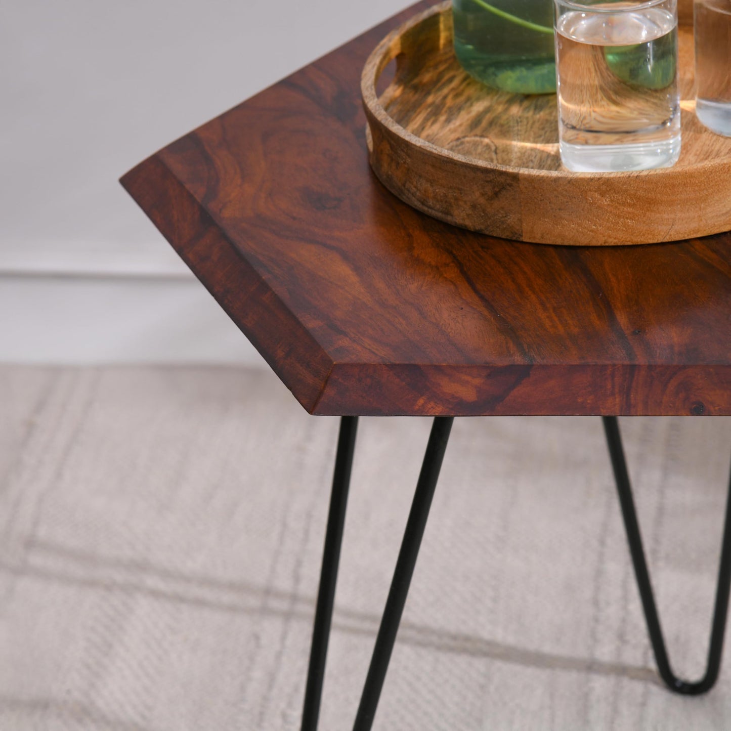 Wood Curls Axis Sheesham Wood End |End Table for Living Room,Bedroom,Office|Space Saving End Table|Table with Metal Legs|Center Table for Office & Home|Hexagon Shape|Walnut Finish