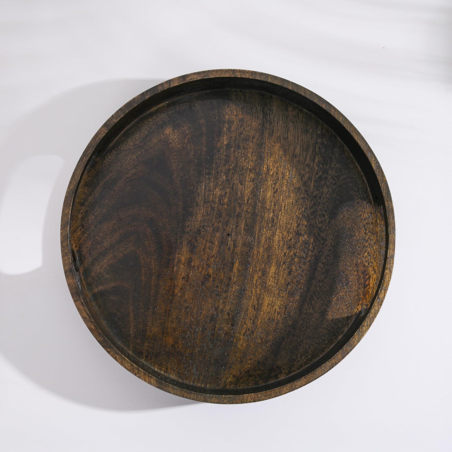 Wood Curls Aret Round Wooden Serving Tray with Handles | Multipurpose Mango Wood Tray | Walnut Finish | Elegant Tray for Kitchen | Dining | Tea | Coffee & Home Décor |