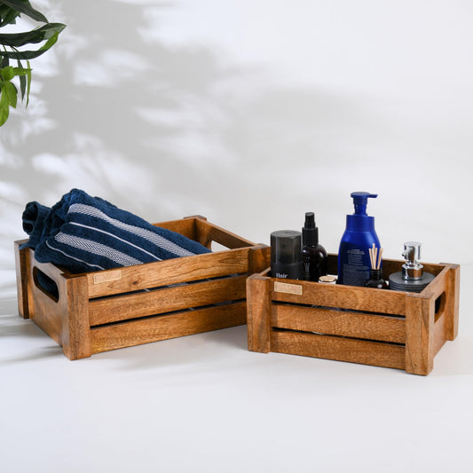 Wood Curls Rustic Wooden Storage Crates, Set of 2 Nesting Boxes, Decorative Organisers with Handles, Multiuse Organizer Set for Living Room, Kitchen, or Bathroom, Baskets for Essentials & Decor