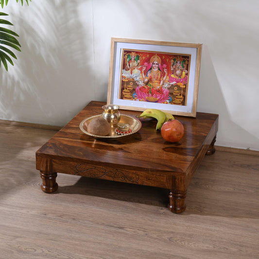Wood Curls Wooden Puja Chowki with Carved Legs, Traditional Prayer Table, Dark Brown,Sheesham Wood,Puja Table for Home (20 inch x 20 inch x 6.2 inch)