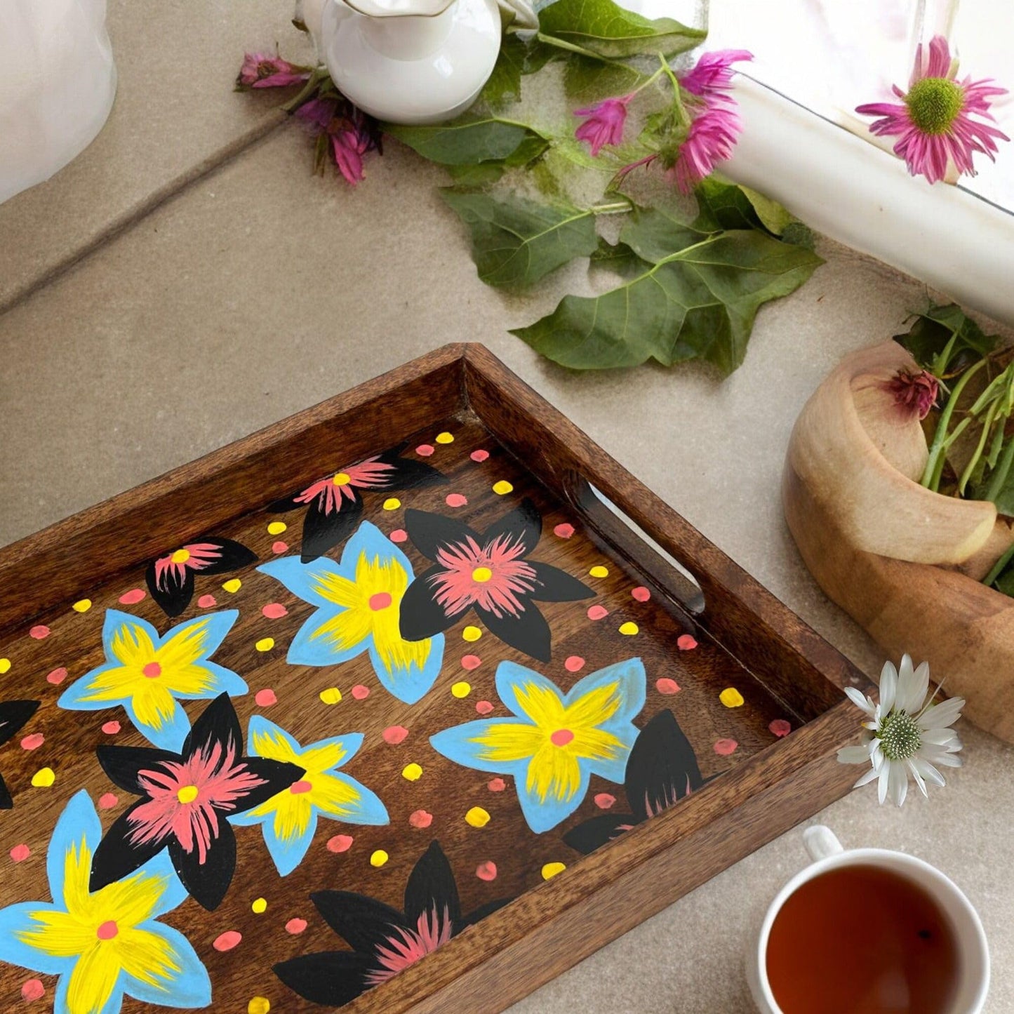 Wood Curls Handmade Mango Wood Tray with Floral Print| DIY Wooden Flower Tray for Home, Office|Hand Painted Wooden Tray