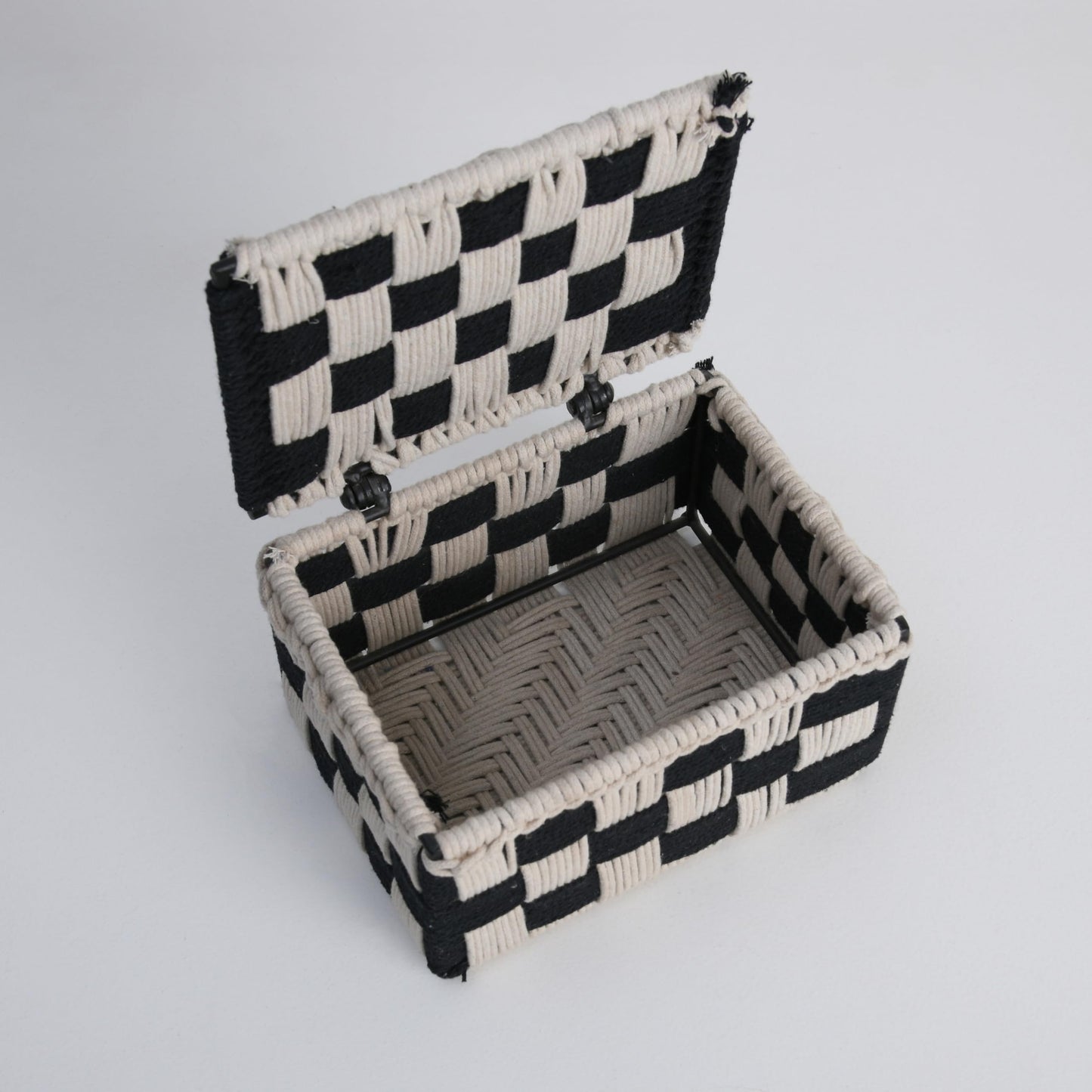 Wood Curls Handwoven Cotton Rope Storage Box – Black & Beige Checkered Organizer with Lid for Tea Bags, Jewelry, Trinkets, Desk & Vanity, Decorative Organiser,23cm(L) x16.5cm(W) x12.7cm(H)